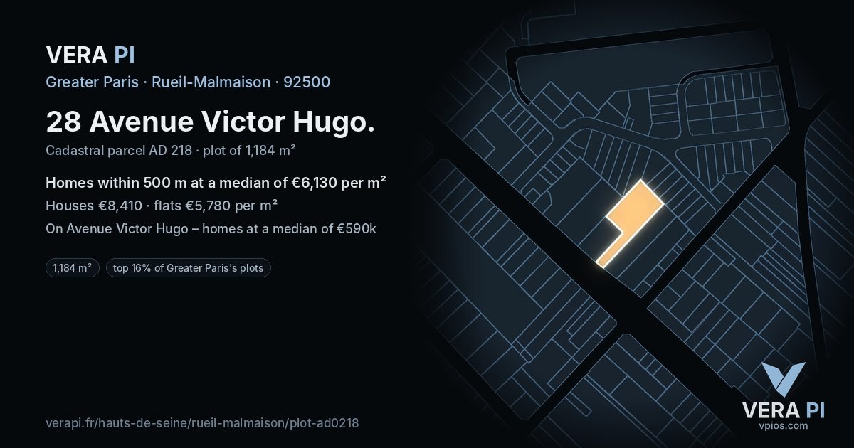 28 Avenue Victor Hugo, Rueil-Malmaison at night – the plot lit, the parcels around coloured by the prices near them