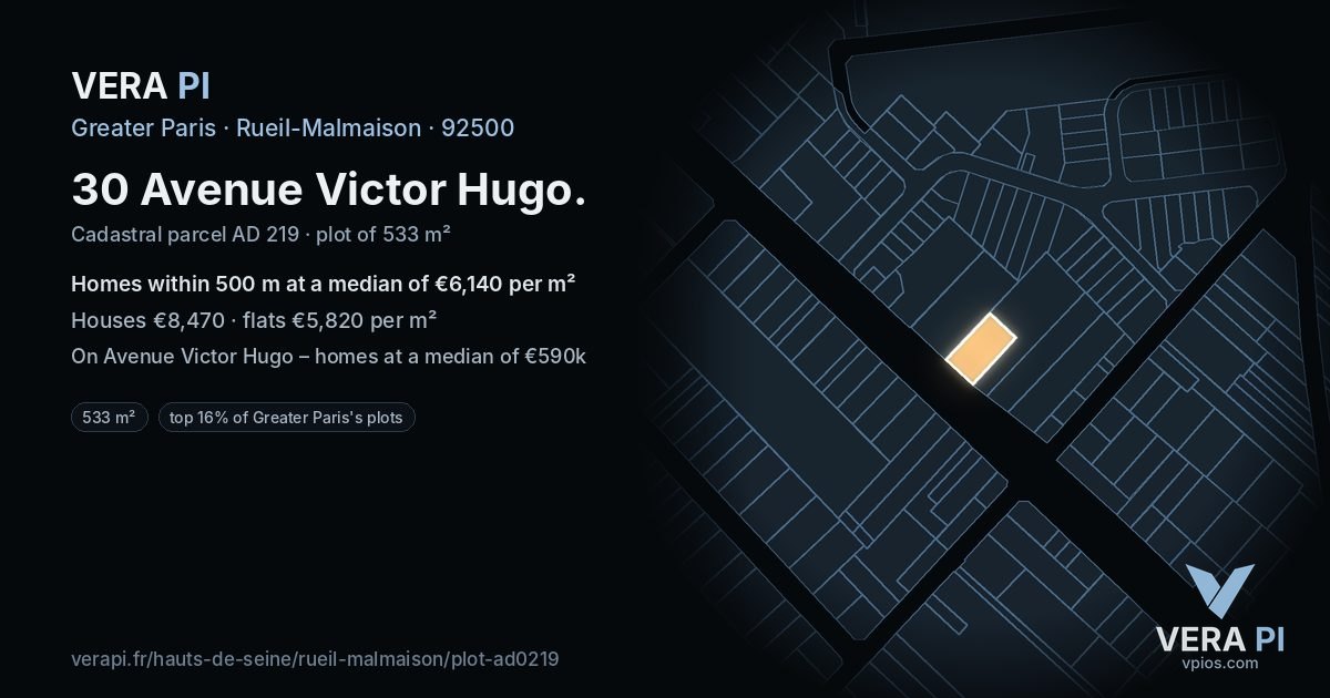30 Avenue Victor Hugo, Rueil-Malmaison at night – the plot lit, the parcels around coloured by the prices near them