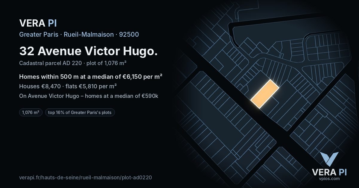 32 Avenue Victor Hugo, Rueil-Malmaison at night – the plot lit, the parcels around coloured by the prices near them