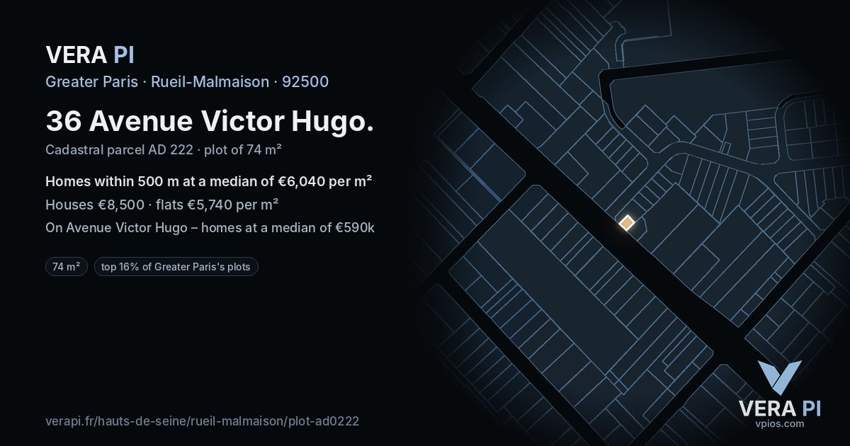 36 Avenue Victor Hugo, Rueil-Malmaison at night – the plot lit, the parcels around coloured by the prices near them