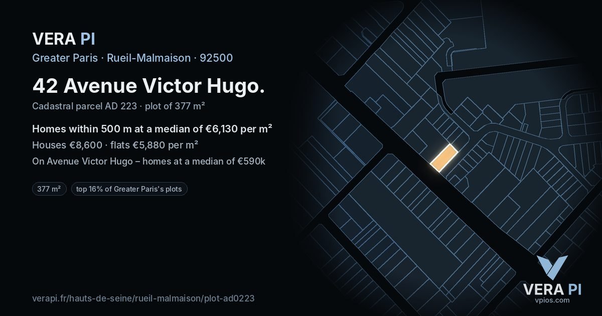 42 Avenue Victor Hugo, Rueil-Malmaison at night – the plot lit, the parcels around coloured by the prices near them