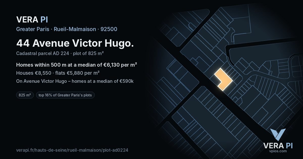 44 Avenue Victor Hugo, Rueil-Malmaison at night – the plot lit, the parcels around coloured by the prices near them