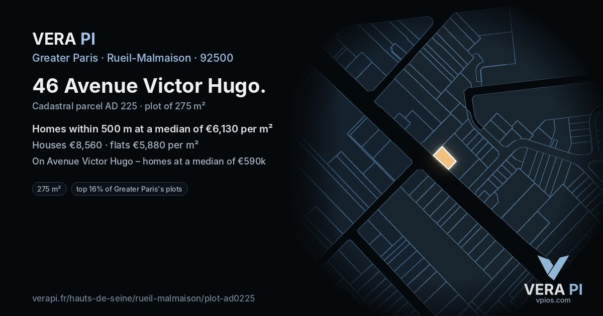 46 Avenue Victor Hugo, Rueil-Malmaison at night – the plot lit, the parcels around coloured by the prices near them