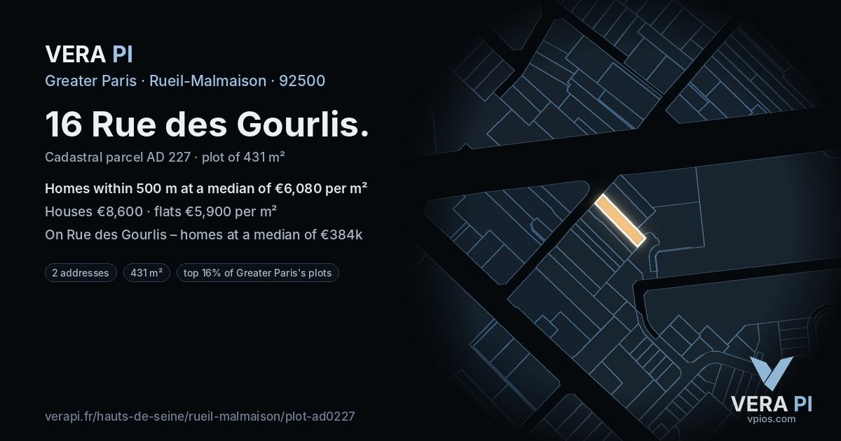 16 Rue des Gourlis, Rueil-Malmaison at night – the plot lit, the parcels around coloured by the prices near them