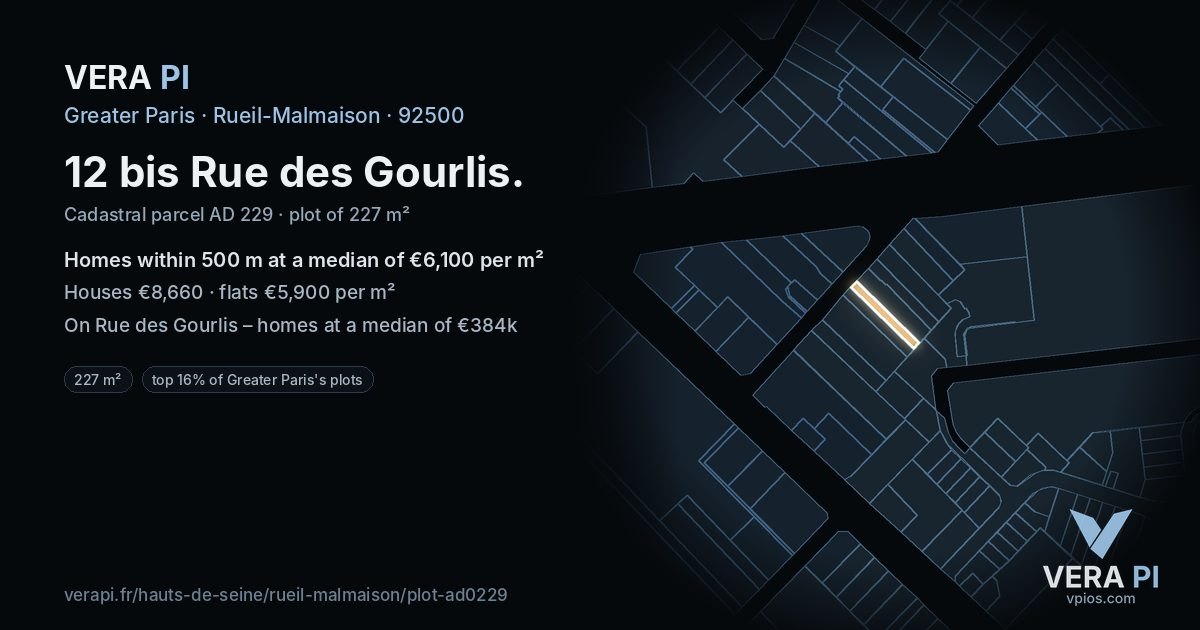12 bis Rue des Gourlis, Rueil-Malmaison at night – the plot lit, the parcels around coloured by the prices near them