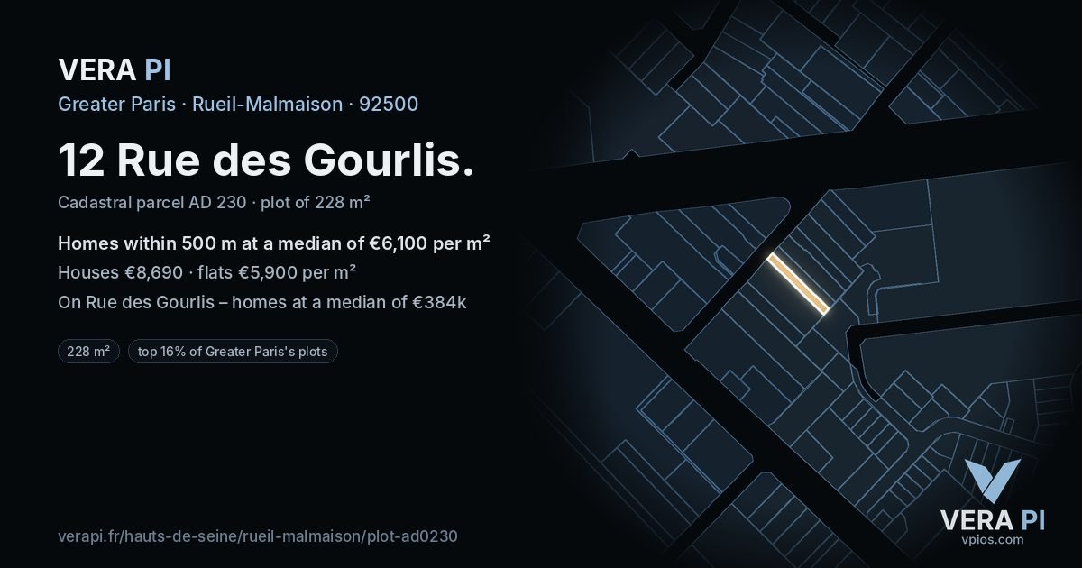 12 Rue des Gourlis, Rueil-Malmaison at night – the plot lit, the parcels around coloured by the prices near them
