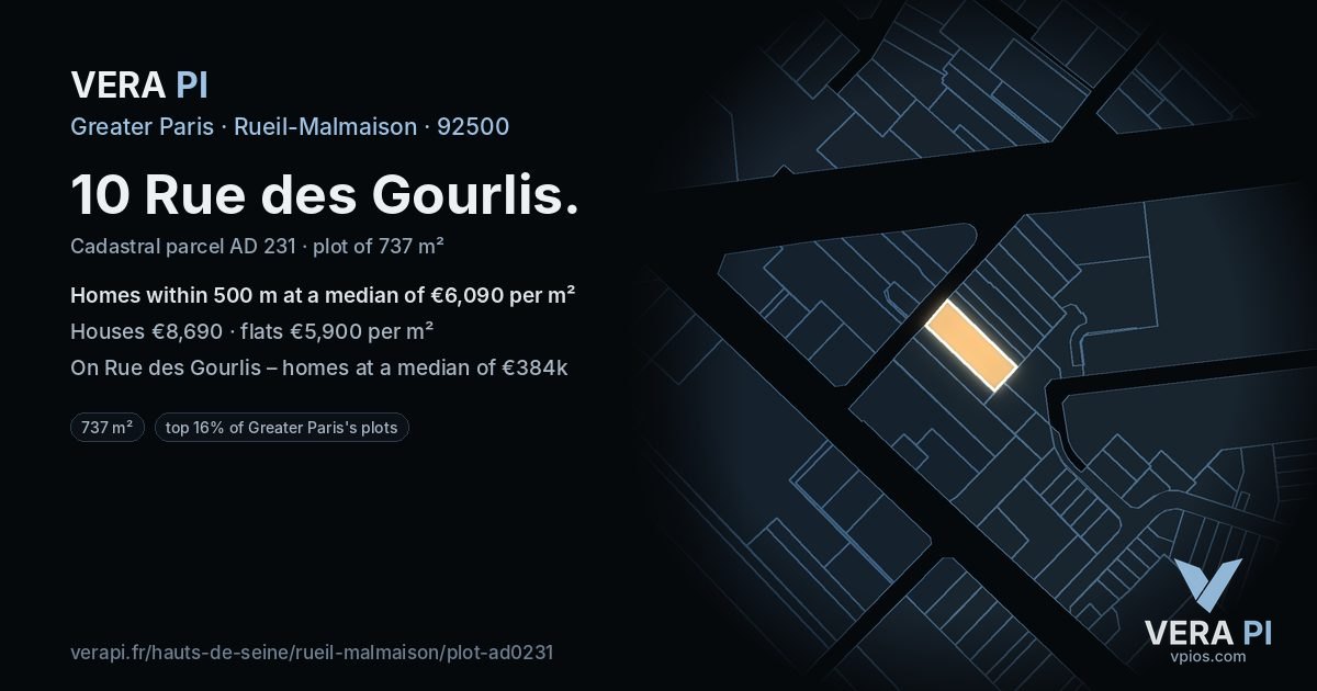 10 Rue des Gourlis, Rueil-Malmaison at night – the plot lit, the parcels around coloured by the prices near them