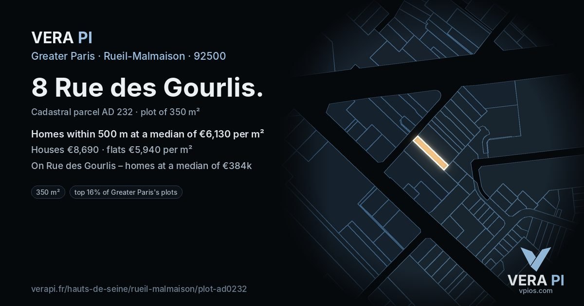 8 Rue des Gourlis, Rueil-Malmaison at night – the plot lit, the parcels around coloured by the prices near them