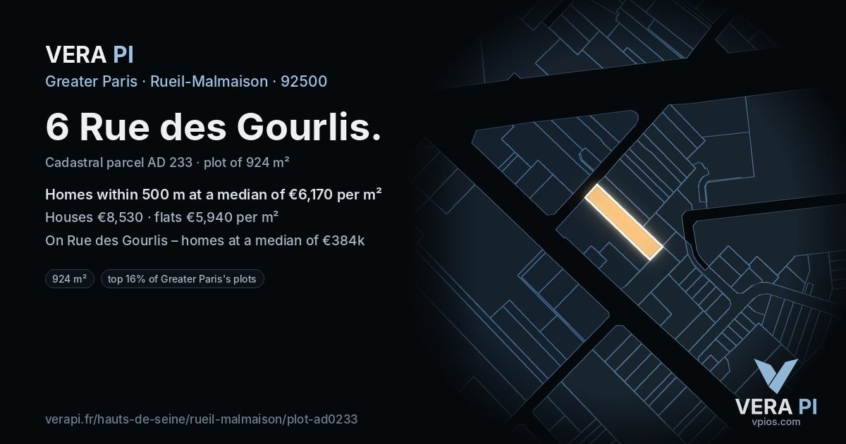 6 Rue des Gourlis, Rueil-Malmaison at night – the plot lit, the parcels around coloured by the prices near them