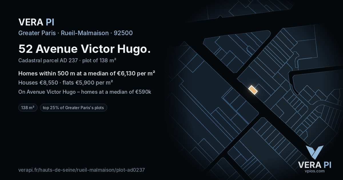52 Avenue Victor Hugo, Rueil-Malmaison at night – the plot lit, the parcels around coloured by the prices near them