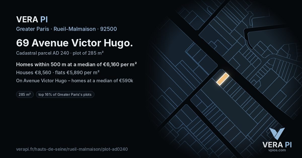 69 Avenue Victor Hugo, Rueil-Malmaison at night – the plot lit, the parcels around coloured by the prices near them