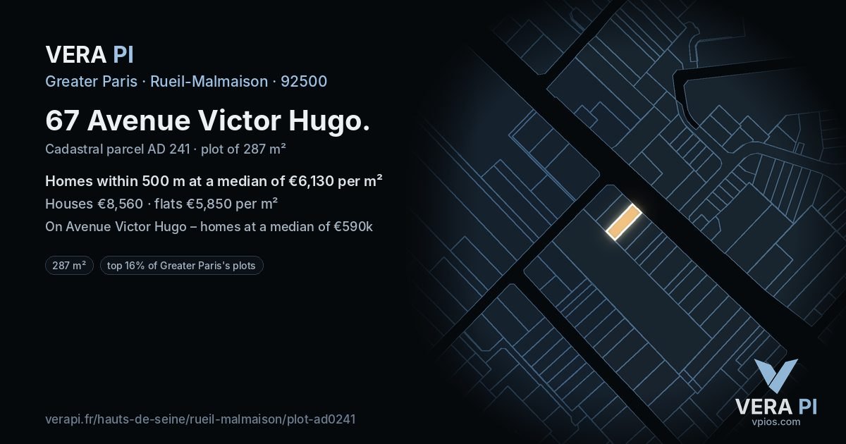 67 Avenue Victor Hugo, Rueil-Malmaison at night – the plot lit, the parcels around coloured by the prices near them