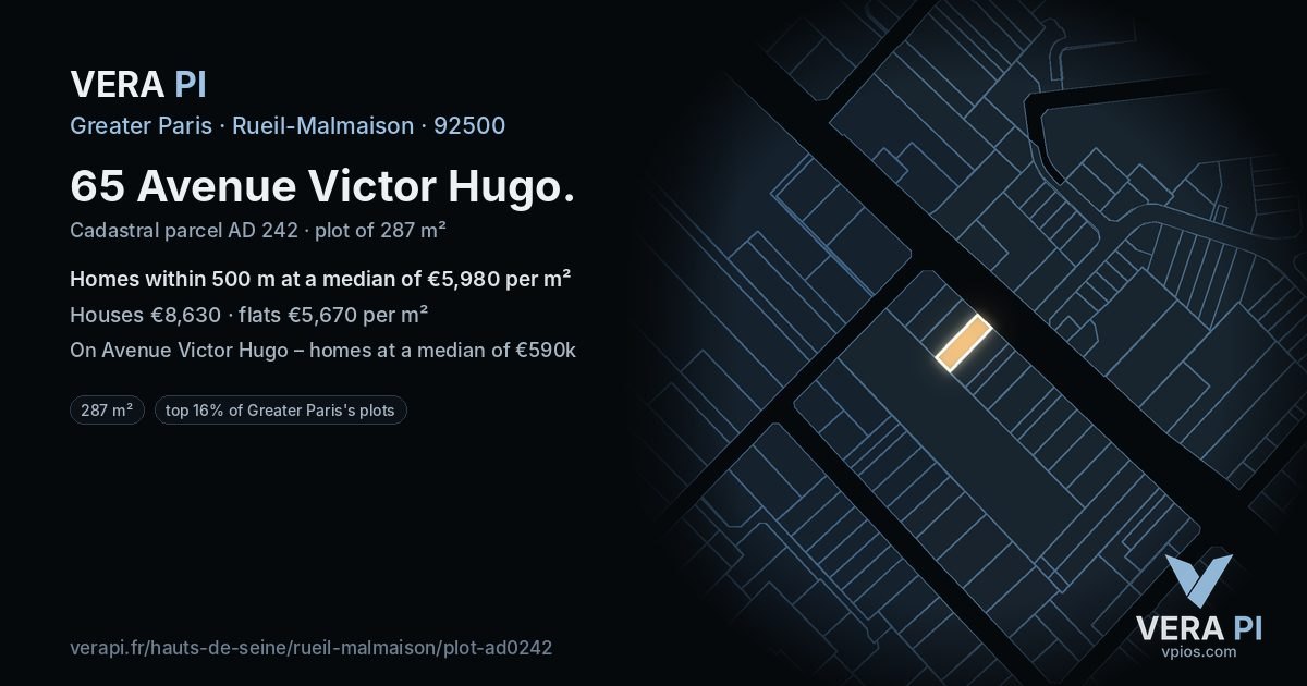 65 Avenue Victor Hugo, Rueil-Malmaison at night – the plot lit, the parcels around coloured by the prices near them