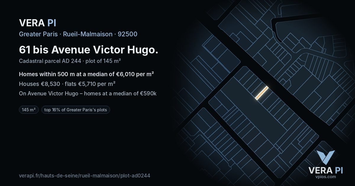61 bis Avenue Victor Hugo, Rueil-Malmaison at night – the plot lit, the parcels around coloured by the prices near them