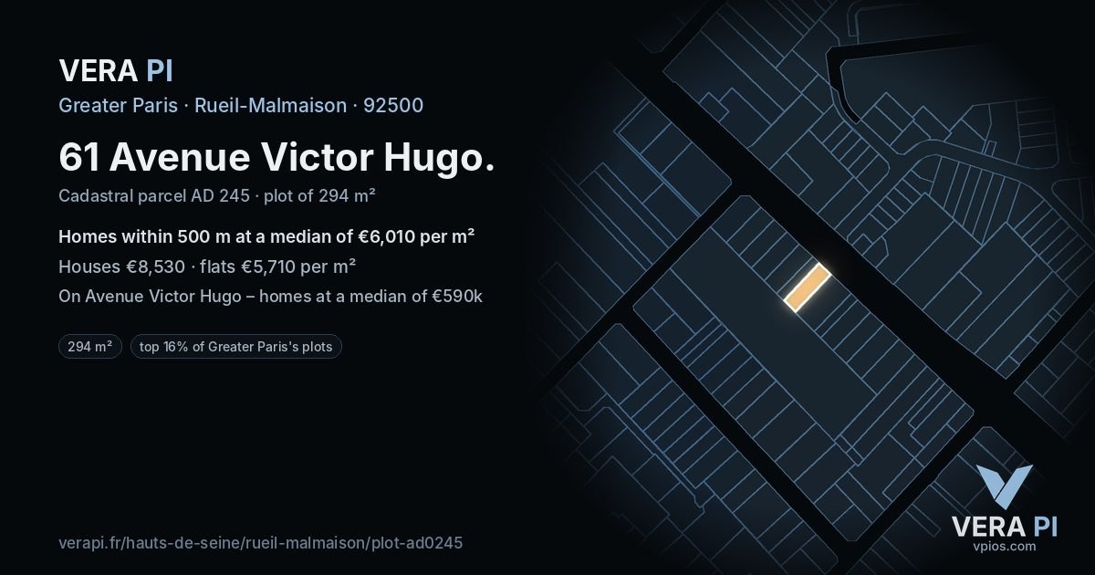 61 Avenue Victor Hugo, Rueil-Malmaison at night – the plot lit, the parcels around coloured by the prices near them