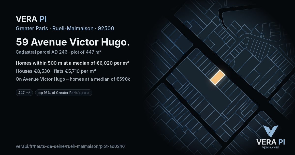 59 Avenue Victor Hugo, Rueil-Malmaison at night – the plot lit, the parcels around coloured by the prices near them