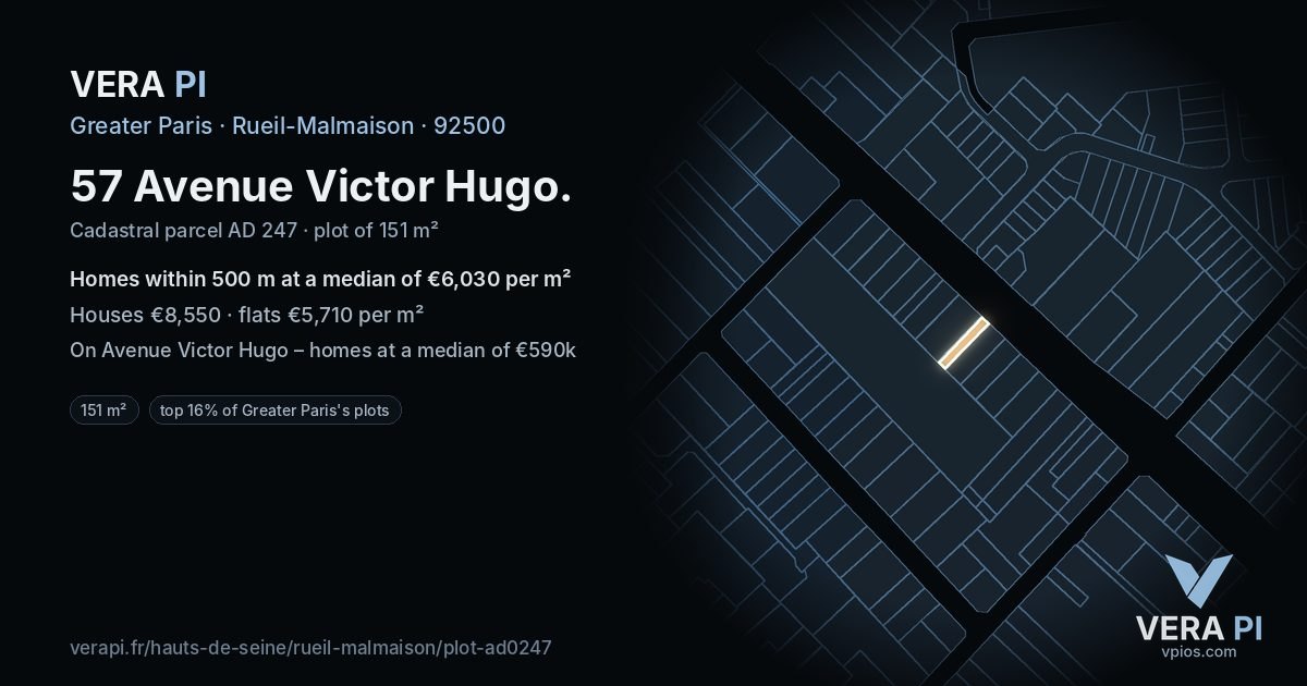 57 Avenue Victor Hugo, Rueil-Malmaison at night – the plot lit, the parcels around coloured by the prices near them