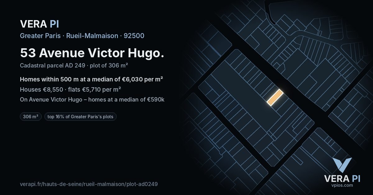 53 Avenue Victor Hugo, Rueil-Malmaison at night – the plot lit, the parcels around coloured by the prices near them