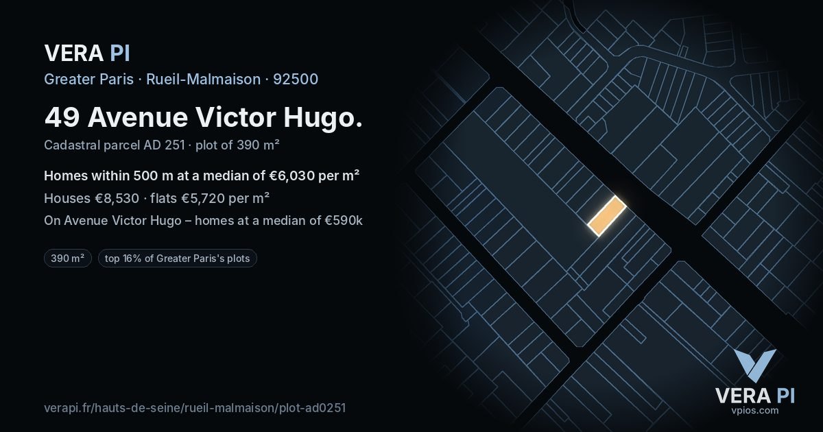 49 Avenue Victor Hugo, Rueil-Malmaison at night – the plot lit, the parcels around coloured by the prices near them
