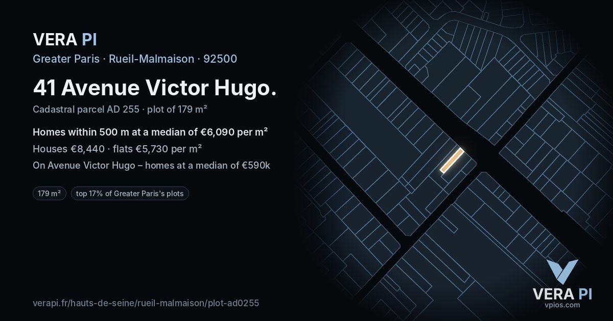 41 Avenue Victor Hugo, Rueil-Malmaison at night – the plot lit, the parcels around coloured by the prices near them