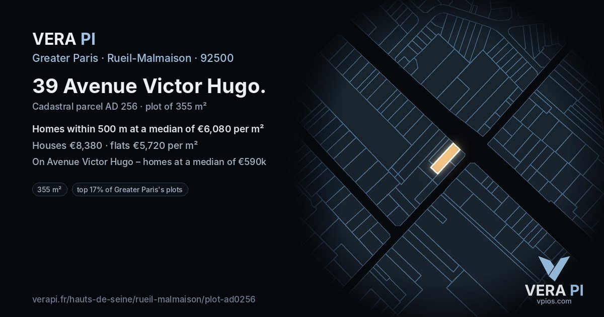 39 Avenue Victor Hugo, Rueil-Malmaison at night – the plot lit, the parcels around coloured by the prices near them