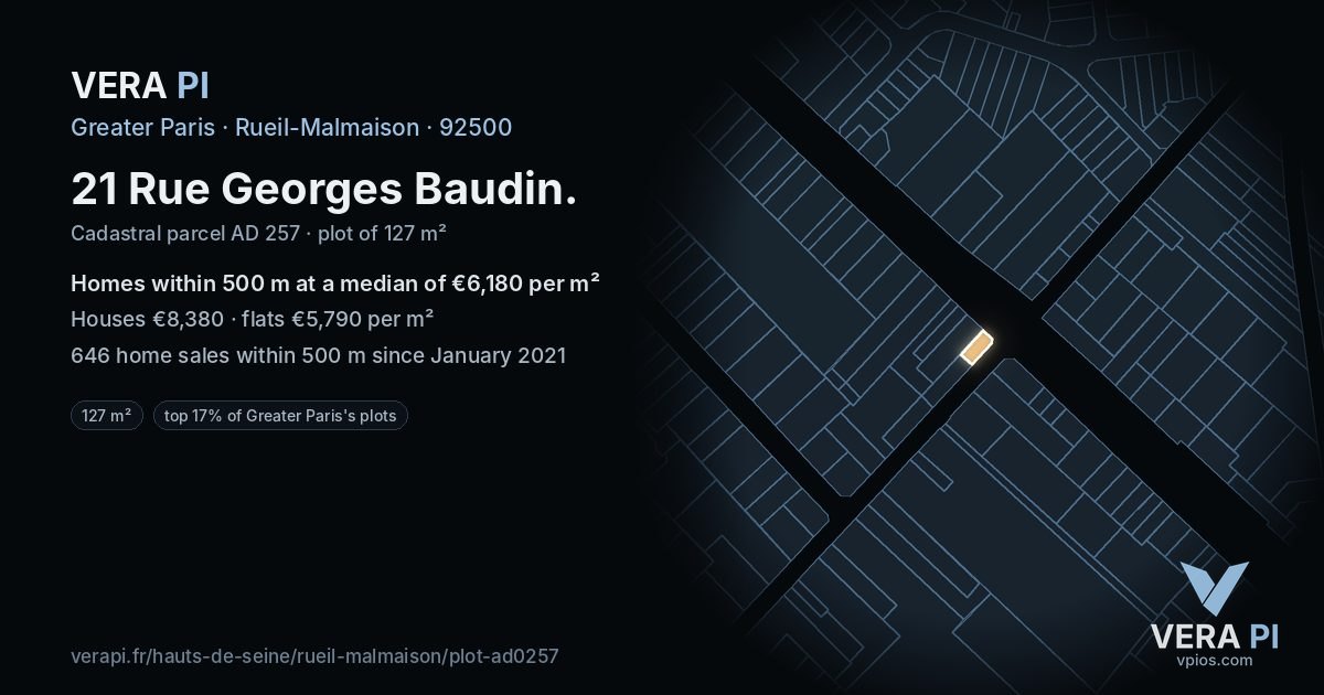 21 Rue Georges Baudin, Rueil-Malmaison at night – the plot lit, the parcels around coloured by the prices near them