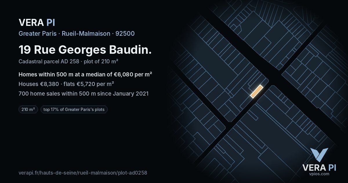 19 Rue Georges Baudin, Rueil-Malmaison at night – the plot lit, the parcels around coloured by the prices near them