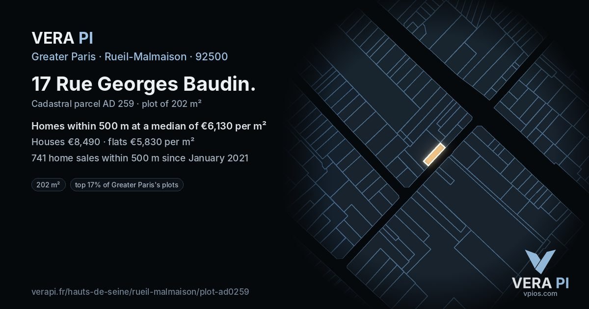 17 Rue Georges Baudin, Rueil-Malmaison at night – the plot lit, the parcels around coloured by the prices near them