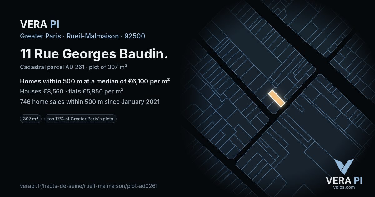 11 Rue Georges Baudin, Rueil-Malmaison at night – the plot lit, the parcels around coloured by the prices near them