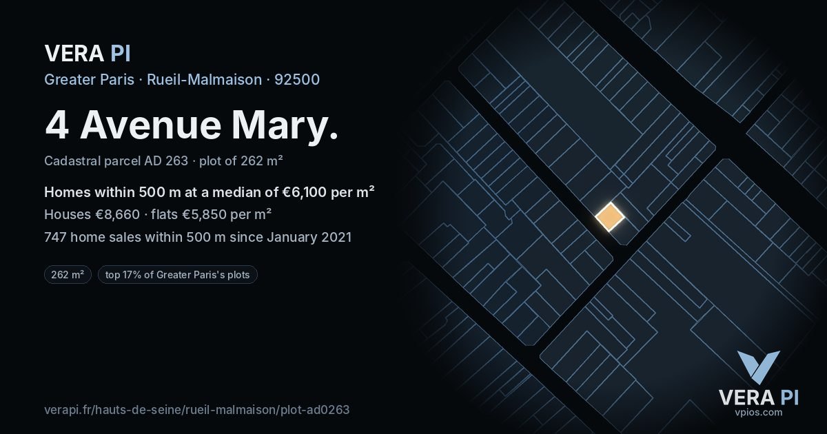 4 Avenue Mary, Rueil-Malmaison at night – the plot lit, the parcels around coloured by the prices near them