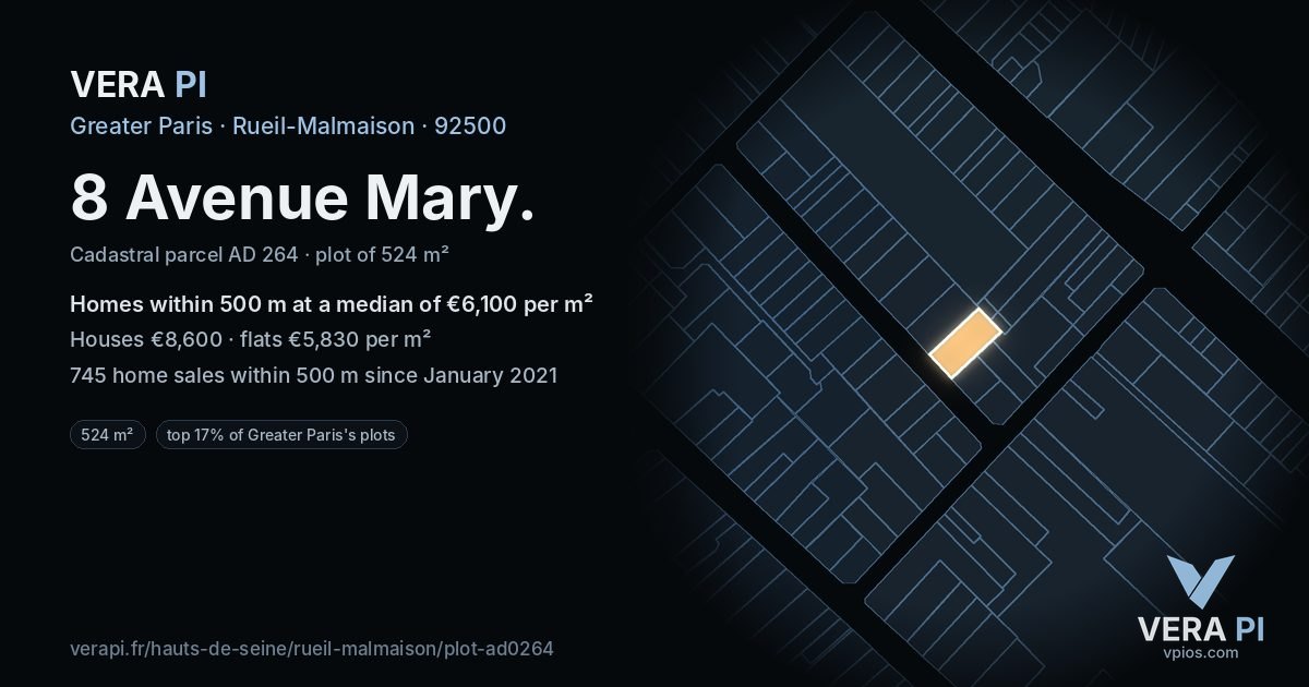 8 Avenue Mary, Rueil-Malmaison at night – the plot lit, the parcels around coloured by the prices near them