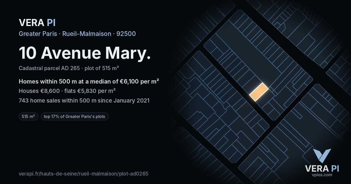 10 Avenue Mary, Rueil-Malmaison at night – the plot lit, the parcels around coloured by the prices near them