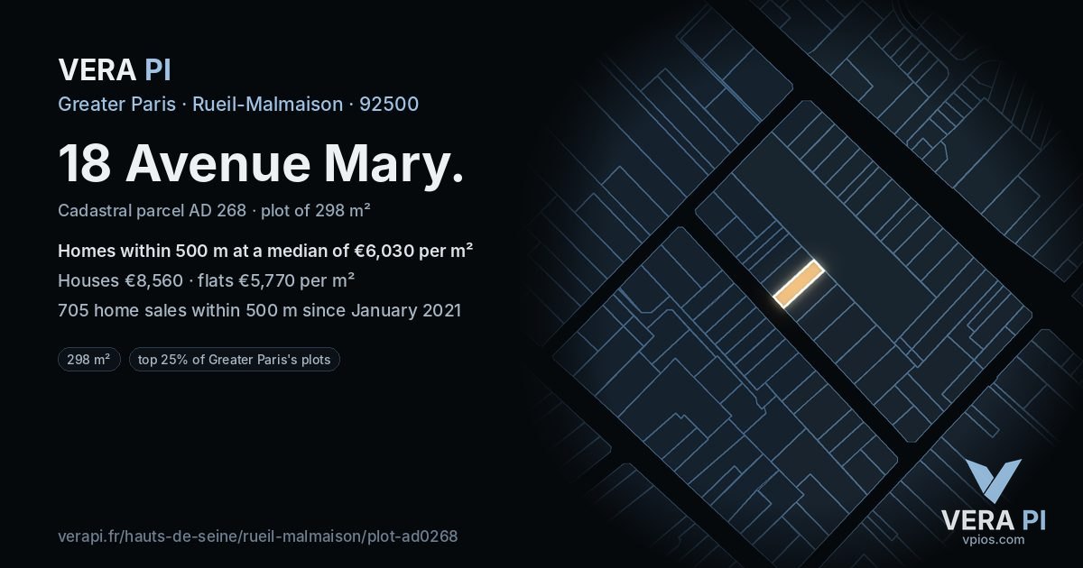 18 Avenue Mary, Rueil-Malmaison at night – the plot lit, the parcels around coloured by the prices near them