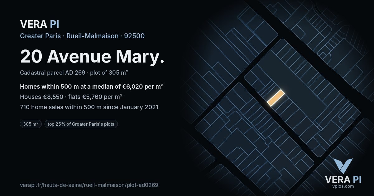 20 Avenue Mary, Rueil-Malmaison at night – the plot lit, the parcels around coloured by the prices near them