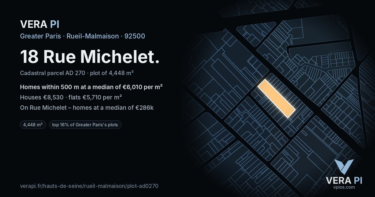 18 Rue Michelet, Rueil-Malmaison at night – the plot lit, the parcels around coloured by the prices near them
