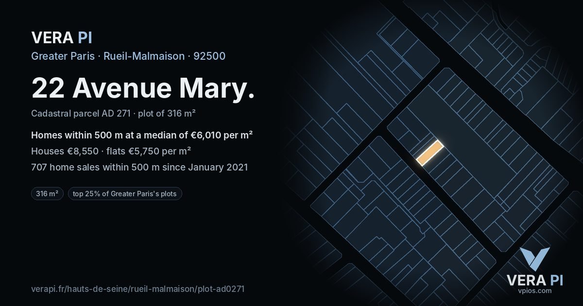 22 Avenue Mary, Rueil-Malmaison at night – the plot lit, the parcels around coloured by the prices near them