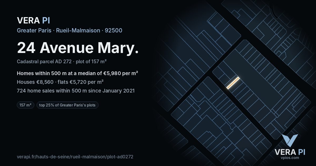24 Avenue Mary, Rueil-Malmaison at night – the plot lit, the parcels around coloured by the prices near them