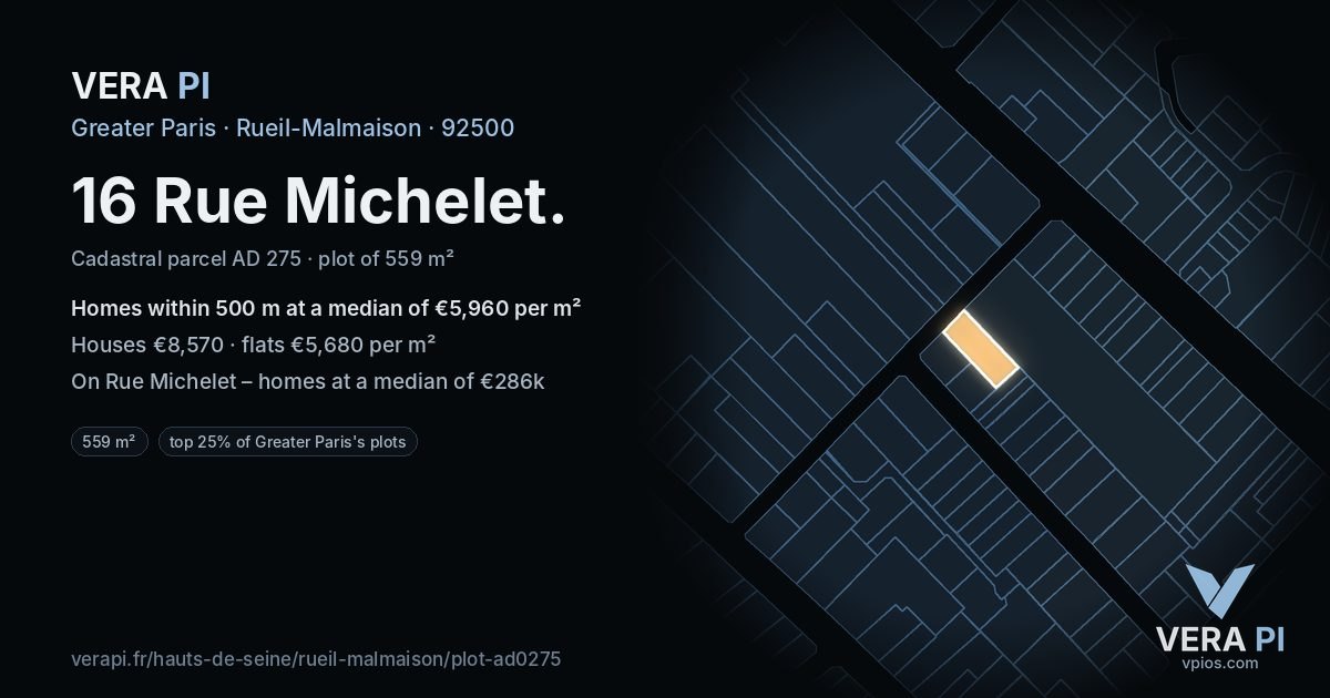 16 Rue Michelet, Rueil-Malmaison at night – the plot lit, the parcels around coloured by the prices near them