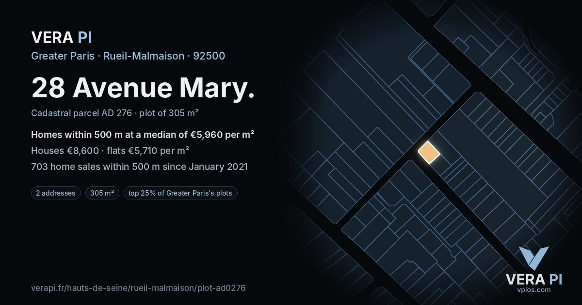 28 Avenue Mary, Rueil-Malmaison at night – the plot lit, the parcels around coloured by the prices near them