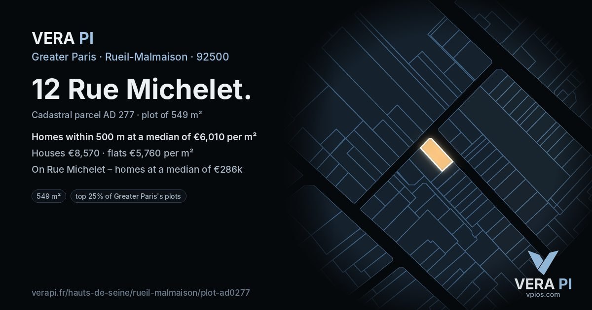 12 Rue Michelet, Rueil-Malmaison at night – the plot lit, the parcels around coloured by the prices near them