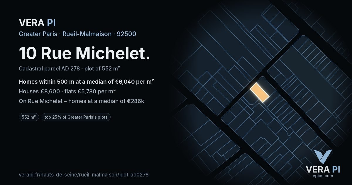 10 Rue Michelet, Rueil-Malmaison at night – the plot lit, the parcels around coloured by the prices near them