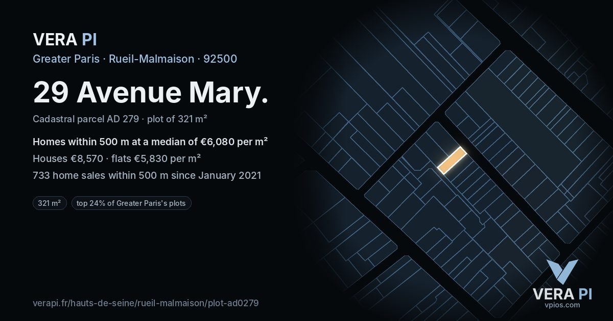 29 Avenue Mary, Rueil-Malmaison at night – the plot lit, the parcels around coloured by the prices near them
