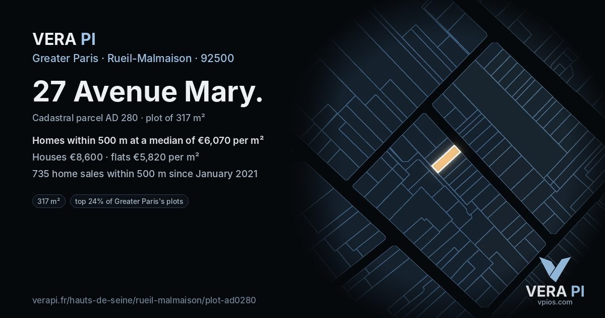27 Avenue Mary, Rueil-Malmaison at night – the plot lit, the parcels around coloured by the prices near them