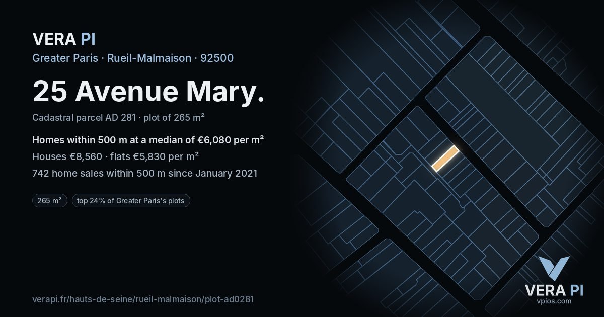 25 Avenue Mary, Rueil-Malmaison at night – the plot lit, the parcels around coloured by the prices near them