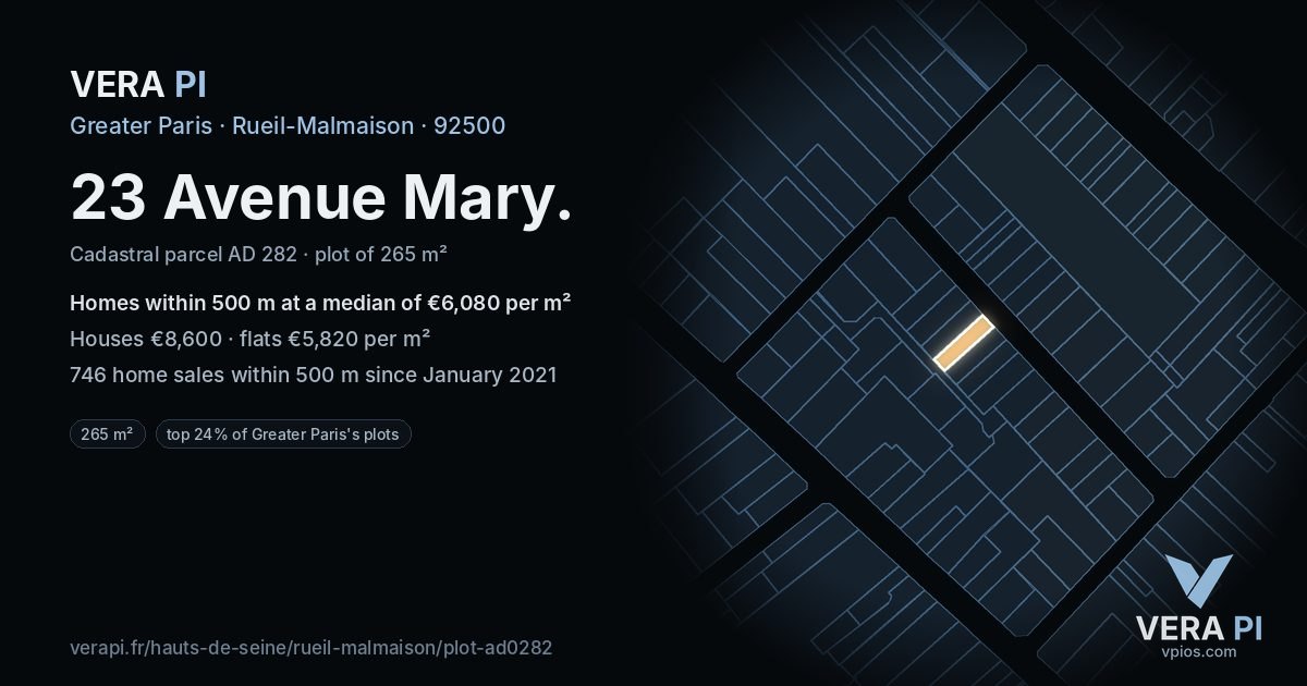 23 Avenue Mary, Rueil-Malmaison at night – the plot lit, the parcels around coloured by the prices near them