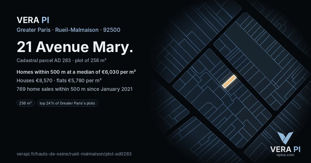 21 Avenue Mary, Rueil-Malmaison at night – the plot lit, the parcels around coloured by the prices near them