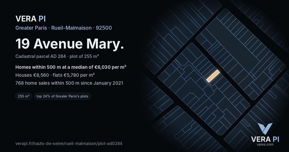19 Avenue Mary, Rueil-Malmaison at night – the plot lit, the parcels around coloured by the prices near them