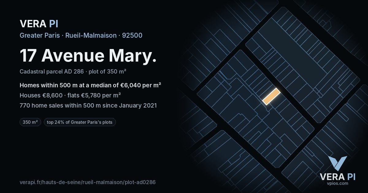 17 Avenue Mary, Rueil-Malmaison at night – the plot lit, the parcels around coloured by the prices near them