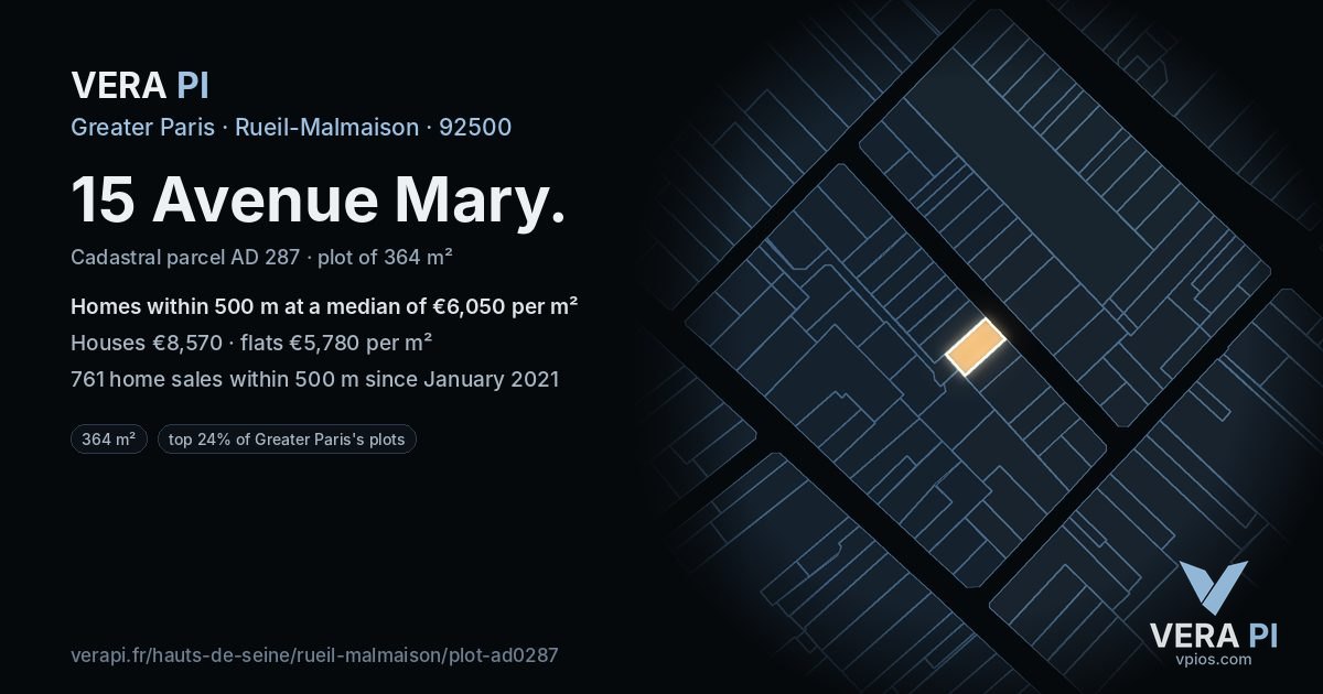 15 Avenue Mary, Rueil-Malmaison at night – the plot lit, the parcels around coloured by the prices near them