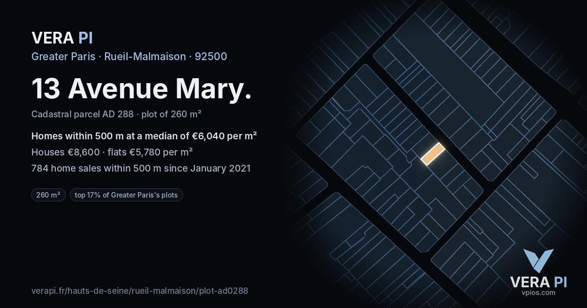 13 Avenue Mary, Rueil-Malmaison at night – the plot lit, the parcels around coloured by the prices near them
